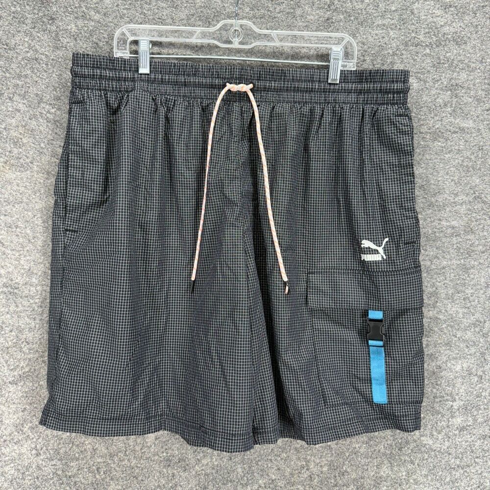Puma Swim Shorts Trunks Men 2XL Black Plaid Drawstring Elastic Waist Pockest